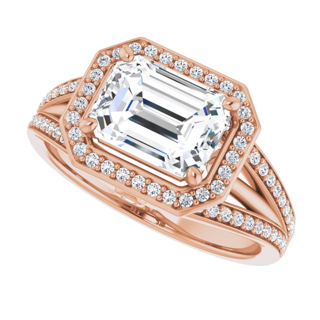 Cubic Zirconia Engagement Ring- The Hanna Jo (Customizable High-set Emerald Cut Design with Halo, Wide Tri-Split Shared Prong Band and Round Bezel Peekaboo Accents)