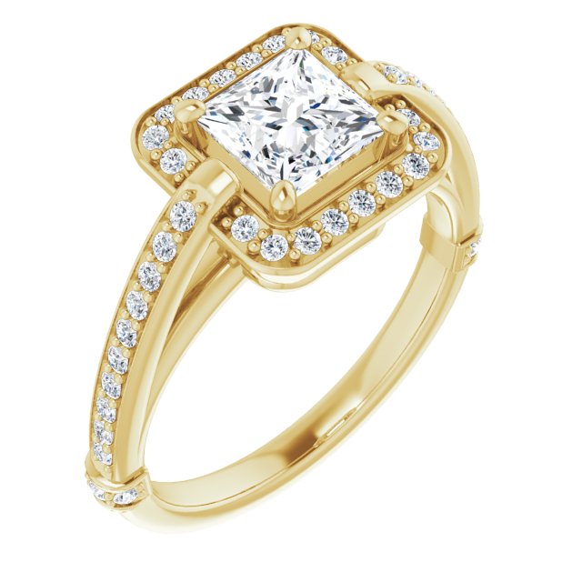 10K Yellow Gold Customizable High-Cathedral Princess/Square Cut Design with Halo and Shared Prong Band