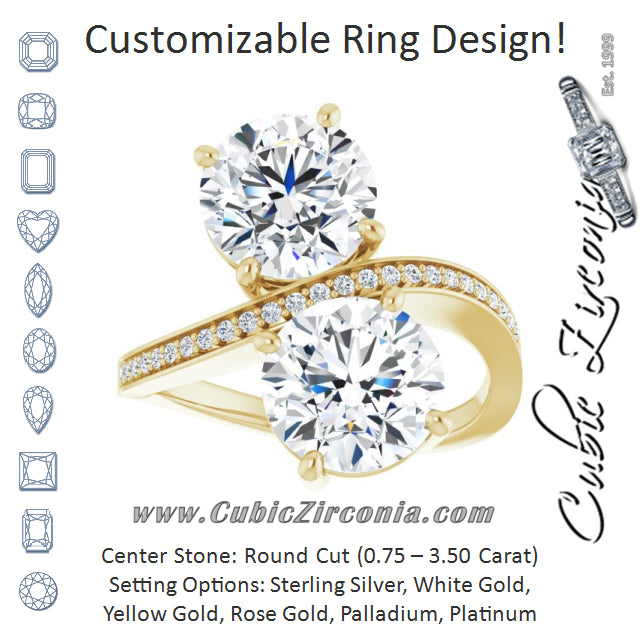 Cubic Zirconia Engagement Ring- The Ellie (Customizable 2-stone Round Cut Bypass Design with Thin Twisting Shared Prong Band)