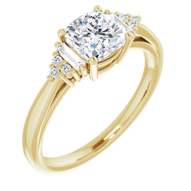 10K Yellow Gold Customizable 9-stone Design with Cushion Cut Center, Side Baguettes and Tri-Cluster Round Accents