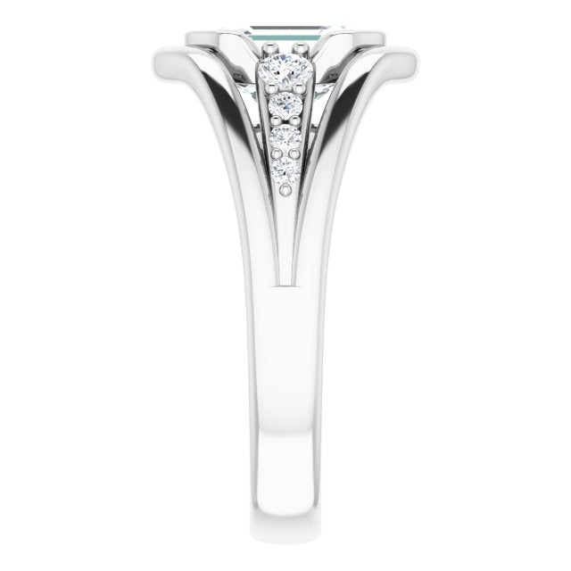 Cubic Zirconia Engagement Ring- The Naira (Customizable 9-stone Emerald Cut Design with Bezel Center, Wide Band and Round Prong Side Stones)