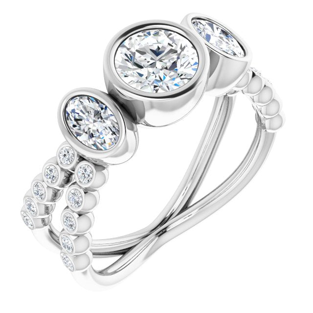 10K White Gold Customizable Bezel-set Round Cut Design with Dual Bezel-Oval Accents and Round-Bezel Accented Split Band