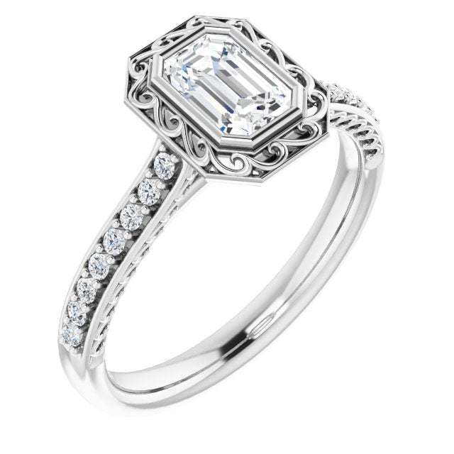 10K White Gold Customizable Cathedral-Bezel Emerald/Radiant Cut Design featuring Accented Band with Filigree Inlay