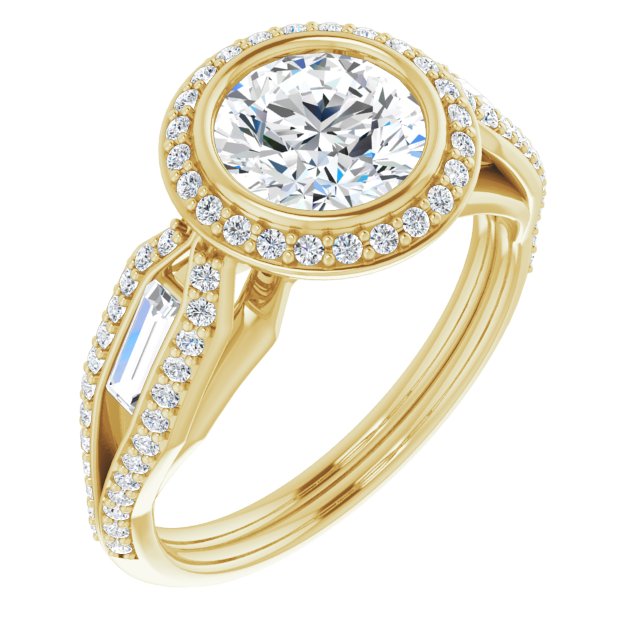 10K Yellow Gold Customizable Cathedral-Bezel Round Cut Design with Halo, Split-Pavé Band & Channel Baguettes