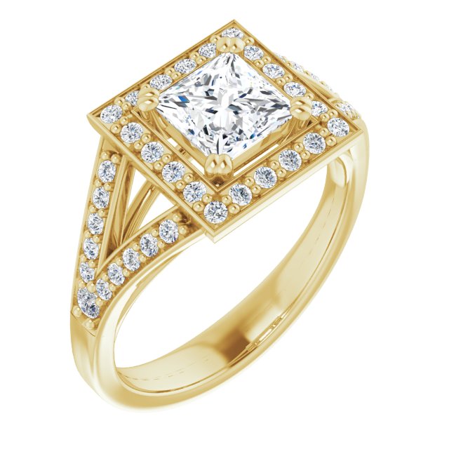 14K Yellow Gold Customizable Cathedral-set Princess/Square Cut Style with Accented Split Band and Halo