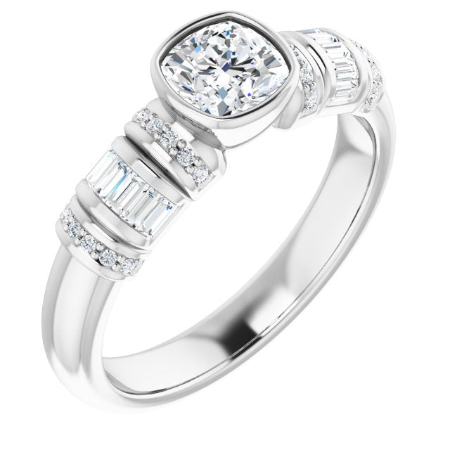 10K White Gold Customizable Bezel-set Cushion Cut Setting with Wide Sleeve-Accented Band