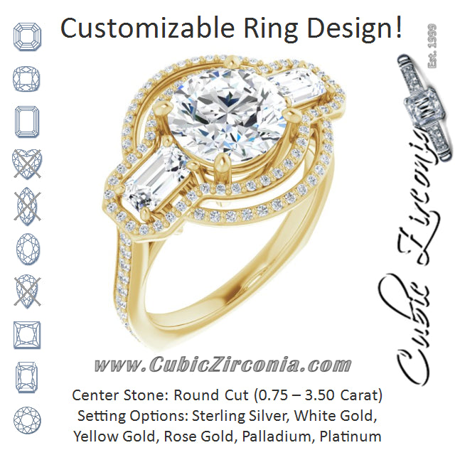 Cubic Zirconia Engagement Ring- The Fallon (Customizable Enhanced 3-stone Style with Round Cut Center, Emerald Cut Accents, Double Halo and Thin Shared Prong Band)