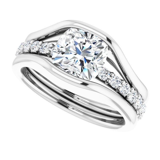 Cubic Zirconia Engagement Ring- The Hillary (Customizable Bezel-set Cushion Cut Style with Thick Pavé Band)