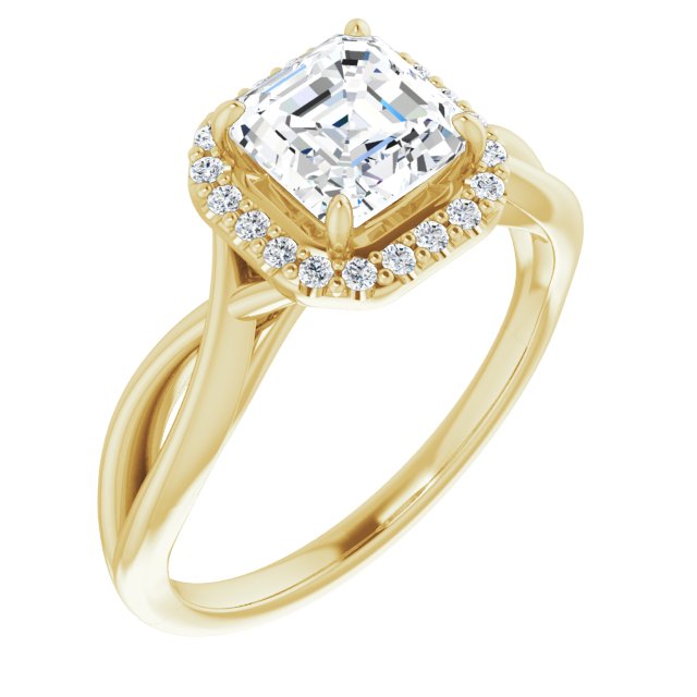 10K Yellow Gold Customizable Cathedral-Halo Asscher Cut Design with Twisting Split Band