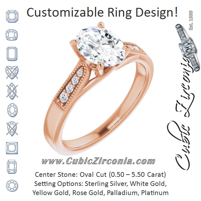 Cubic Zirconia Engagement Ring- The Ivana (Customizable 9-stone Vintage Design with Oval Cut Center and Round Band Accents)