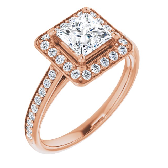 10K Rose Gold Customizable Cathedral-raised Princess/Square Cut Halo-and-Accented Band Design