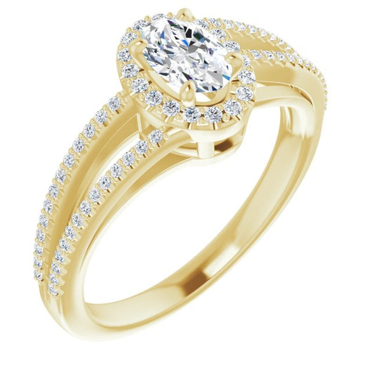 10K Yellow Gold Customizable Oval Cut Vintage Design with Halo Style and Asymmetrical Split-Pavé Band