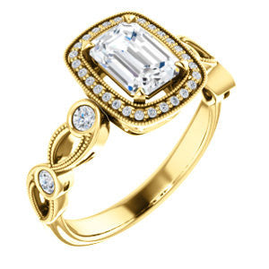 Cubic Zirconia Engagement Ring- The Lois Belle (Customizable Emerald Cut Halo-Style with Twisting Filigreed Infinity Split-Band)