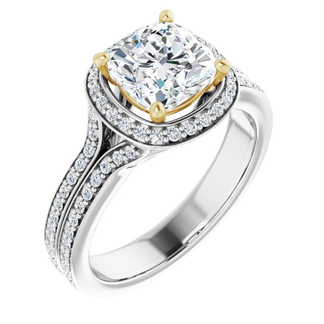 14K White & Yellow Gold Customizable Cathedral-raised Cushion Cut Setting with Halo and Shared Prong Band