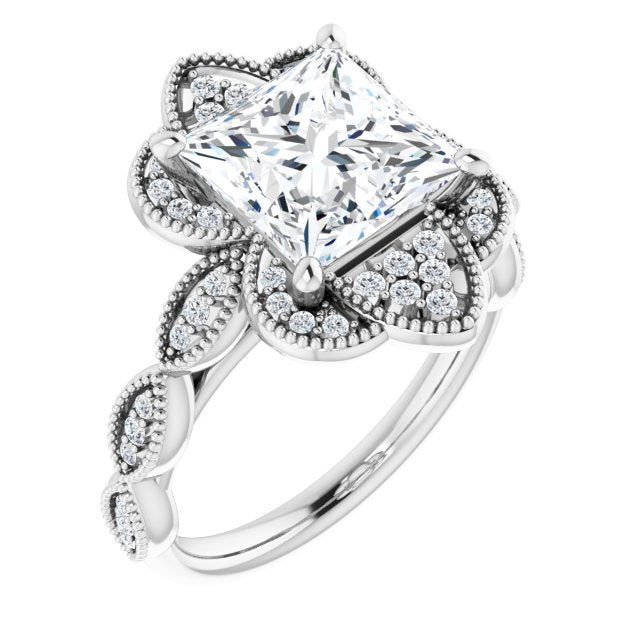 10K White Gold Customizable Cathedral-style Princess/Square Cut Design with Floral Segmented Halo & Milgrain+Accents Band