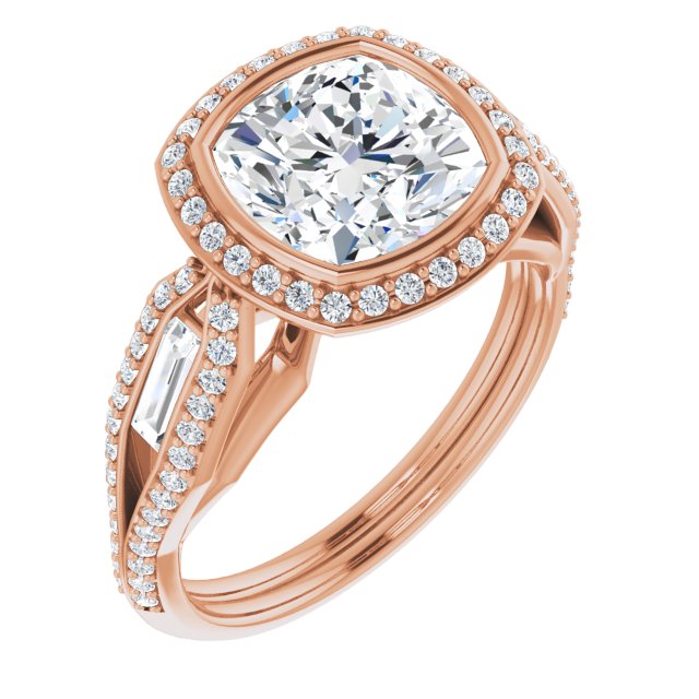 10K Rose Gold Customizable Cathedral-Bezel Cushion Cut Design with Halo, Split-Pavé Band & Channel Baguettes