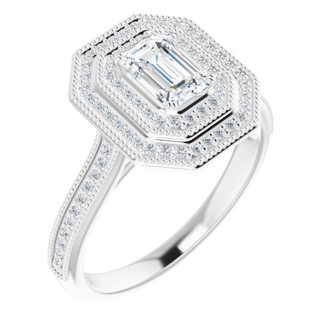 10K White Gold Customizable Emerald/Radiant Cut Design with Elegant Double Halo, Houndstooth Milgrain and Band-Channel Accents