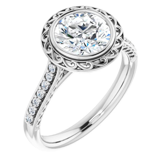 10K White Gold Customizable Cathedral-Bezel Round Cut Design featuring Accented Band with Filigree Inlay