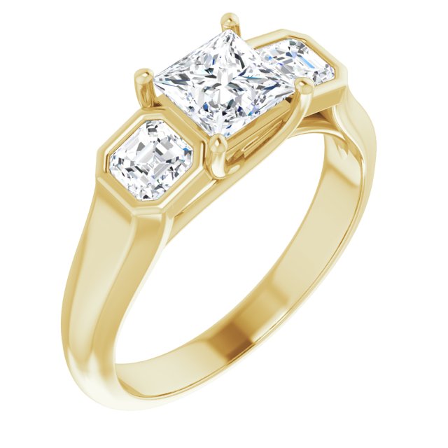 10K Yellow Gold Customizable 3-stone Cathedral Princess/Square Cut Design with Twin Asscher Cut Side Stones