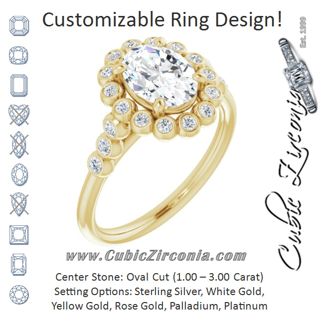 Cubic Zirconia Engagement Ring- The Chandni (Customizable Oval Cut Cathedral-Style Clustered Halo Design with Round Bezel Accents)