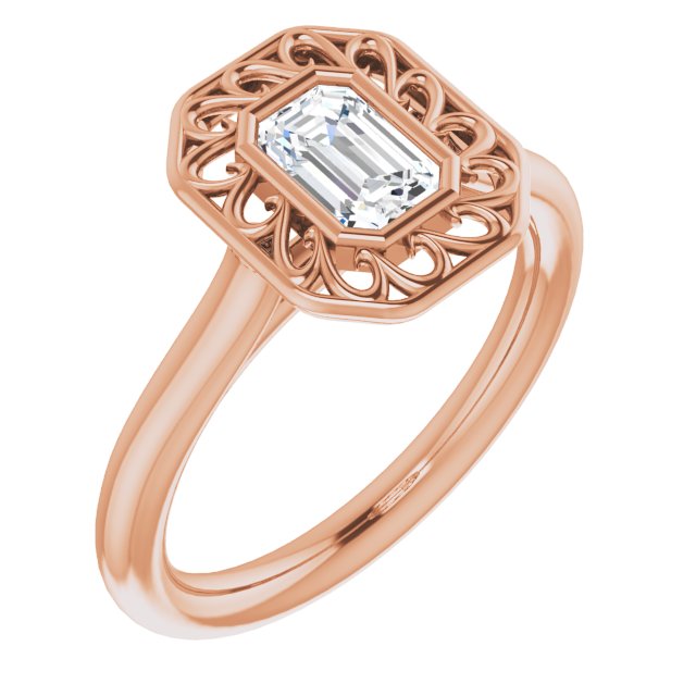 10K Rose Gold Customizable Cathedral-Bezel Style Emerald/Radiant Cut Solitaire with Flowery Filigree