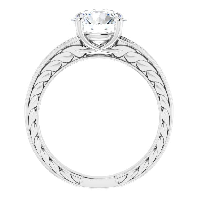 Cubic Zirconia Engagement Ring- The Angie (Customizable Round Cut Design with Rope-Filigree Hammered Inlay & Round Channel Accents)