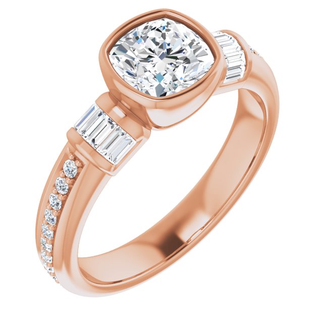 10K Rose Gold Customizable Cathedral-Bezel Cushion Cut Style with Horizontal Baguettes & Shared Prong Band