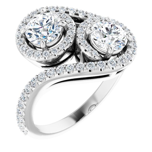 10K White Gold Customizable Double Round Cut 2-Stone Style Enhanced with Accented Artisan Bypass Band