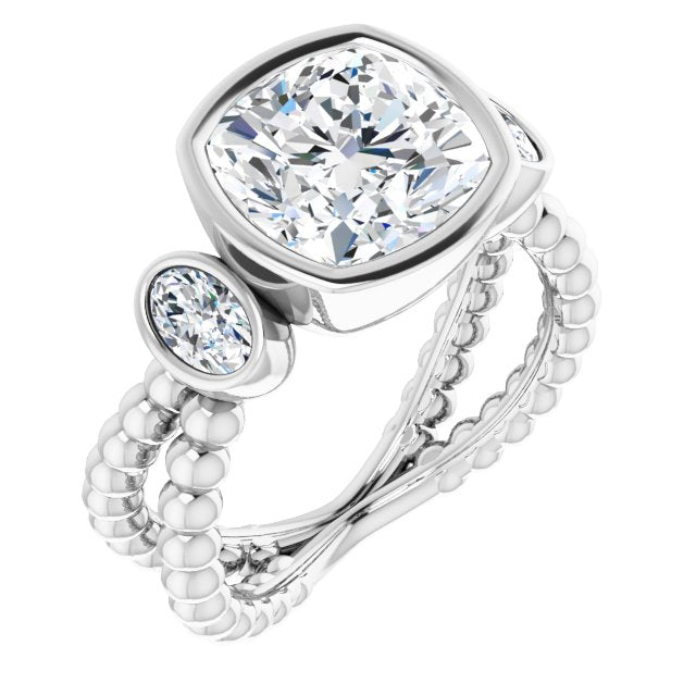 10K White Gold Customizable 3-stone Cushion Cut Design with 2 Oval Cut Side Stones and Wide, Bubble-Bead Split-Band