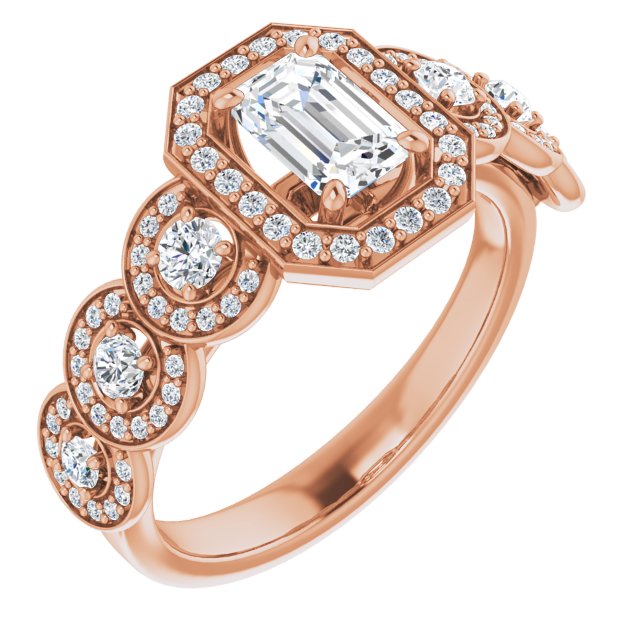 10K Rose Gold Customizable Cathedral-set Emerald/Radiant Cut 7-stone style Enhanced with 7 Halos