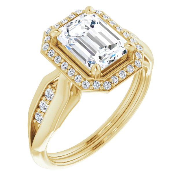 Cubic Zirconia Engagement Ring- The Ina Vaani (Customizable Cathedral-raised Emerald Cut Design with Halo and Tri-Cluster Band Accents)
