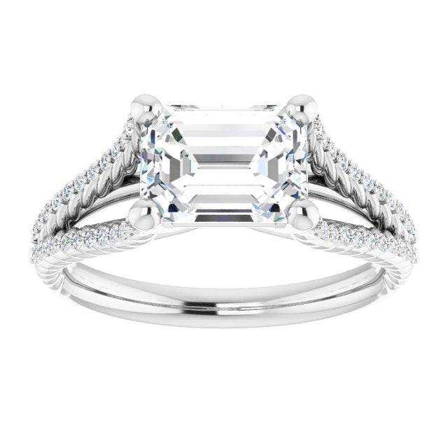 Cubic Zirconia Engagement Ring- The Contessa (Customizable Emerald Cut Style with Split Band and Rope-Pavé)