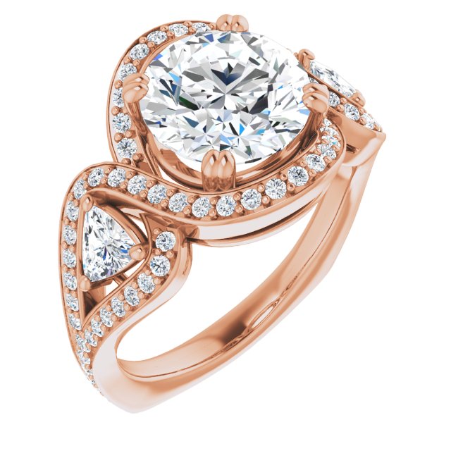 18K Rose Gold Customizable Round Cut Center with Twin Trillion Accents, Twisting Shared Prong Split Band, and Halo