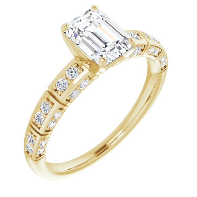 10K Yellow Gold Customizable Emerald/Radiant Cut Style with Three-sided, Segmented Shared Prong Band