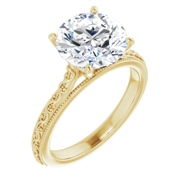 10K Yellow Gold Customizable Round Cut Solitaire with Delicate Milgrain Filigree Band