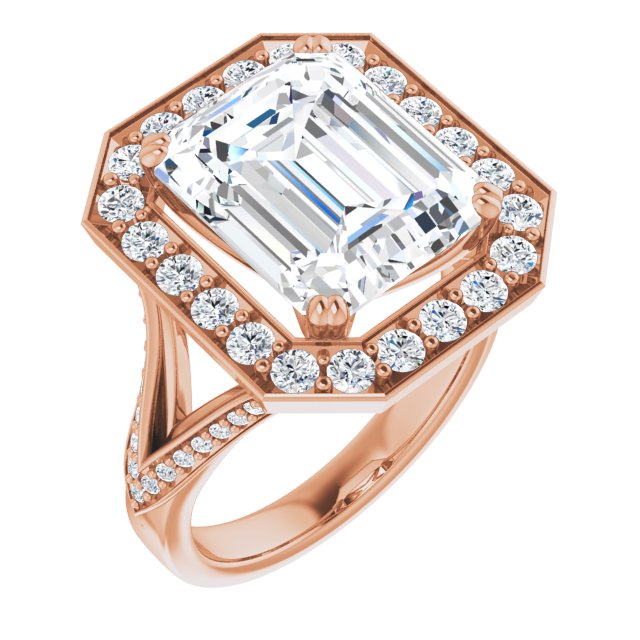 10K Rose Gold Customizable Emerald/Radiant Cut Center with Large-Accented Halo and Split Shared Prong Band