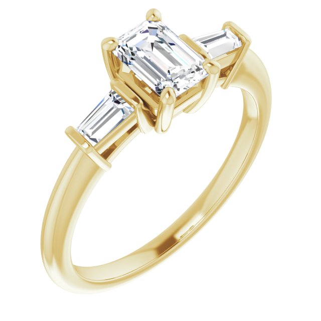 10K Yellow Gold Customizable 3-stone Emerald/Radiant Cut Design with Dual Baguette Accents)