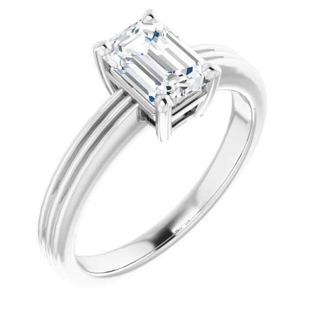 10K White Gold Customizable Emerald/Radiant Cut Solitaire with Double-Grooved Band