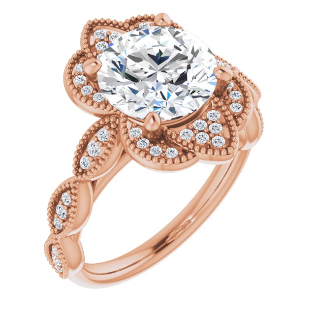 14K Rose Gold Customizable Cathedral-style Round Cut Design with Floral Segmented Halo & Milgrain+Accents Band