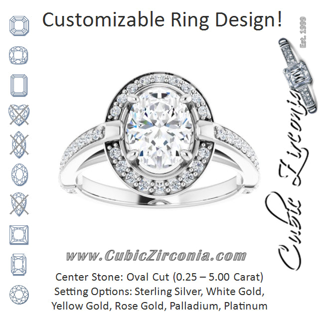 Cubic Zirconia Engagement Ring- The Ebba (Customizable High-Cathedral Oval Cut Design with Halo and Shared Prong Band)