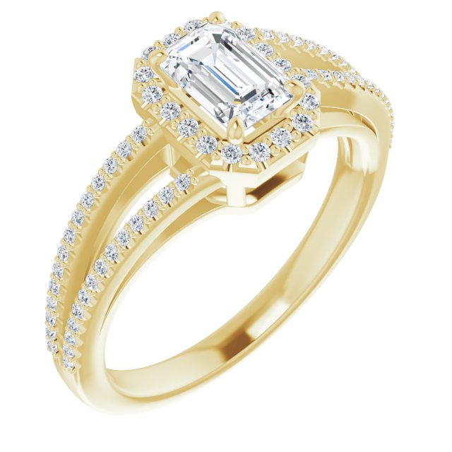 14K Yellow Gold Customizable Emerald/Radiant Cut Vintage Design with Halo Style and Asymmetrical Split-Pavé Band