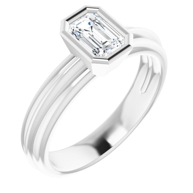 10K White Gold Customizable Bezel-set Emerald/Radiant Cut Solitaire with Grooved Band