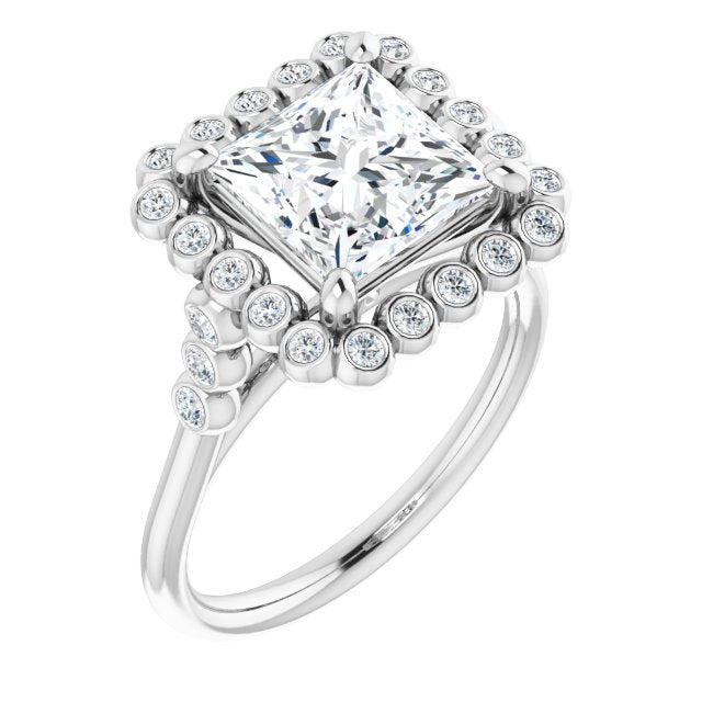 Cubic Zirconia Engagement Ring- The Chandni (Customizable Princess/Square Cut Cathedral-Style Clustered Halo Design with Round Bezel Accents)
