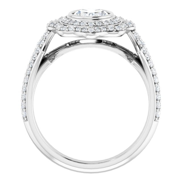 Cubic Zirconia Engagement Ring- The Arya (Customizable Oval Cut Style with Ultra-wide Pavé Split-Band and Nature-Inspired Double Halo)
