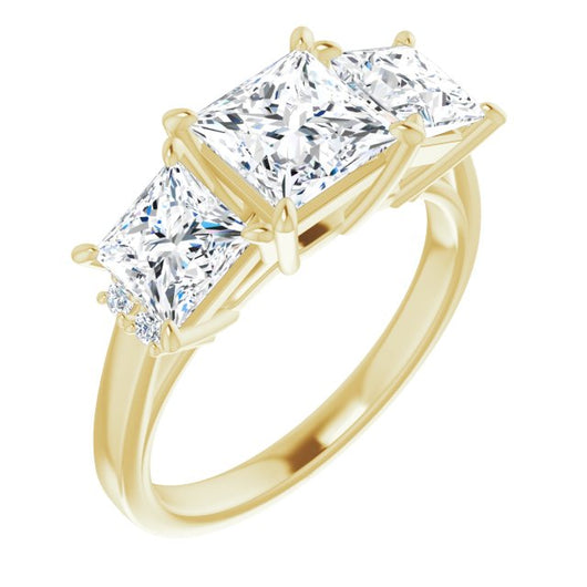 10K Yellow Gold Customizable Triple Princess/Square Cut Design with Quad Vertical-Oriented Round Accents