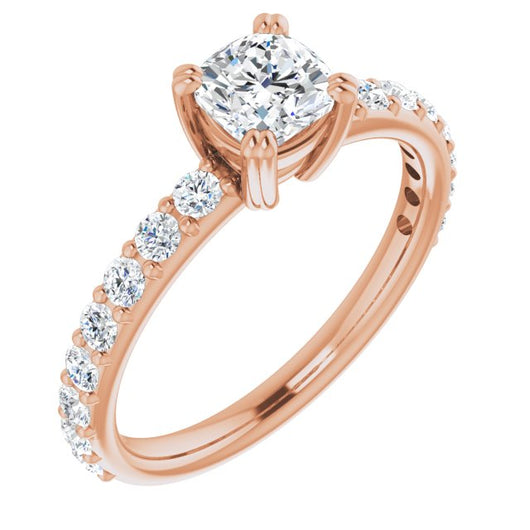 10K Rose Gold Customizable Cushion Cut Design with Large Round Cut 3/4 Band Accents