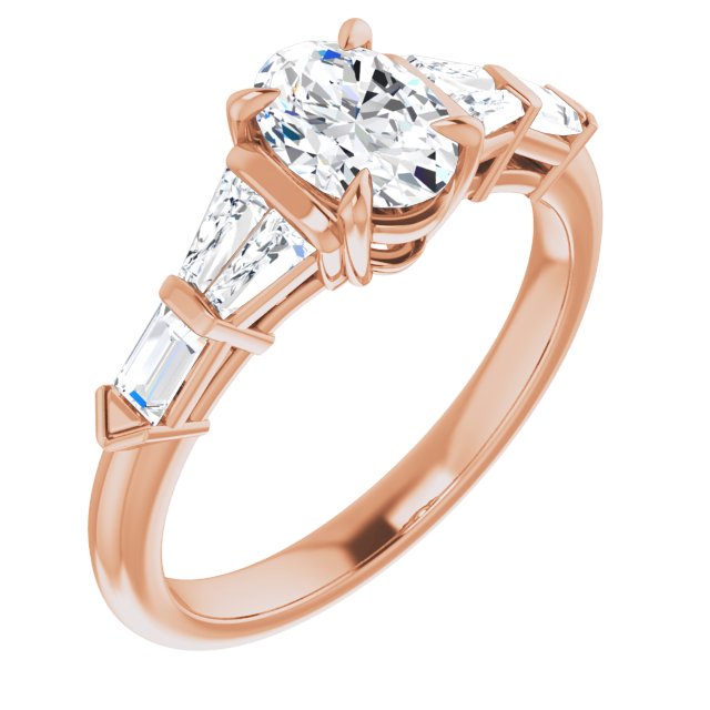 10K Rose Gold Customizable 7-stone Design with Oval Cut Center and Baguette Accents