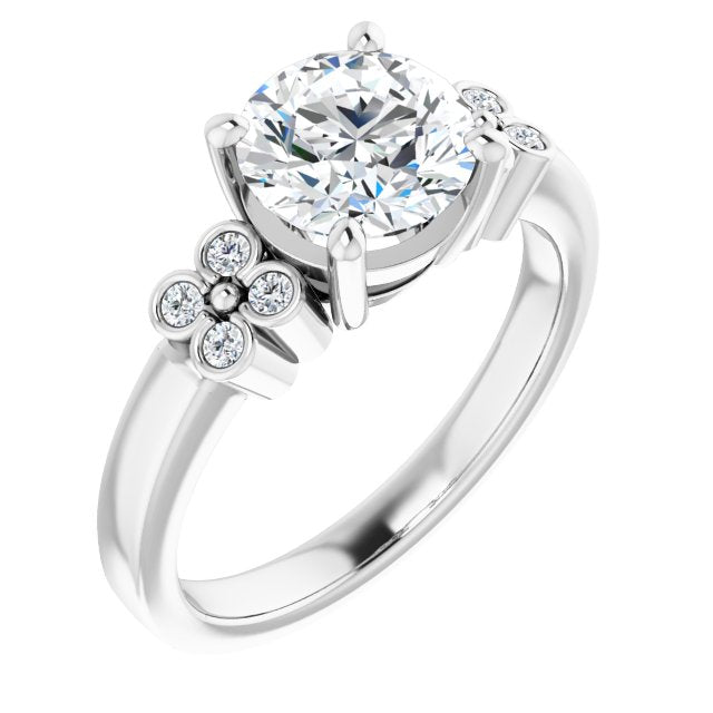 10K White Gold Customizable 9-stone Design with Round Cut Center and Complementary Quad Bezel-Accent Sets