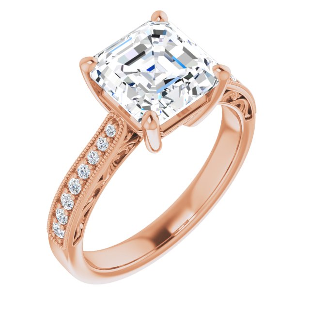 10K Rose Gold Customizable Asscher Cut Design with Round Band Accents and Three-sided Filigree Engraving