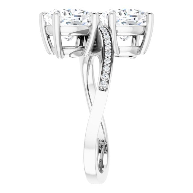 Cubic Zirconia Engagement Ring- The Ellie (Customizable 2-stone Cushion Cut Bypass Design with Thin Twisting Shared Prong Band)